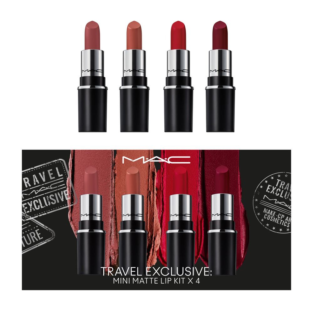 MAC Lipstick Travel Set (Pack of 4)Shades: Ruby Woo | Velvet Teddy | Mehr | Warm Teddy